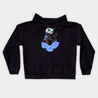 Day Of The Dead Sugar Skull Cat Blue Flowers Kids Hoodie